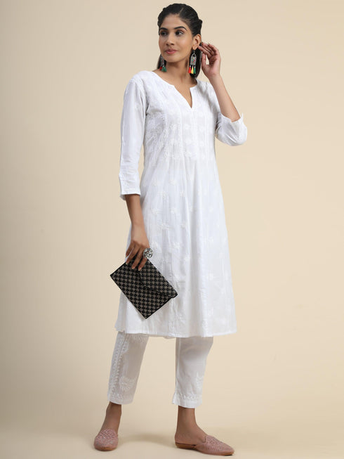 Chikankari Hand embroidery Anarkali Dress in Cotton White